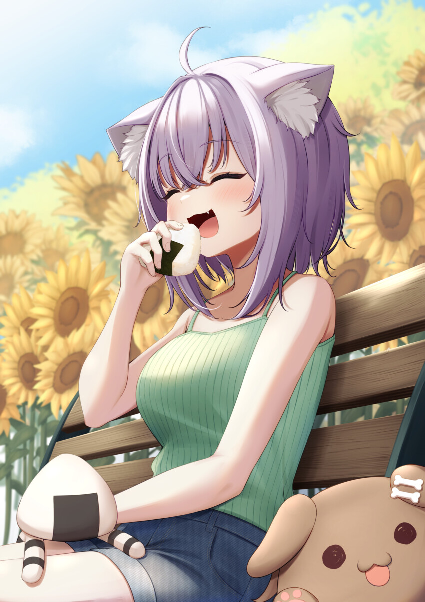 1girl :3 :d absurdres ahoge alternate_costume animal_ear_fluff animal_ears bench blue_sky blush bone_hair_ornament cat_ears cat_girl closed_eyes commentary_request crossed_bangs day fang flower food hair_ornament highres holding holding_food hololive inugami_korone inugami_korone_(dog) kaigan medium_hair nekomata_okayu onigiri onigirya_(nekomata_okayu) open_mouth outdoors purple_hair shirt shorts sitting sky sleeveless sleeveless_shirt smile solo sunflower virtual_youtuber