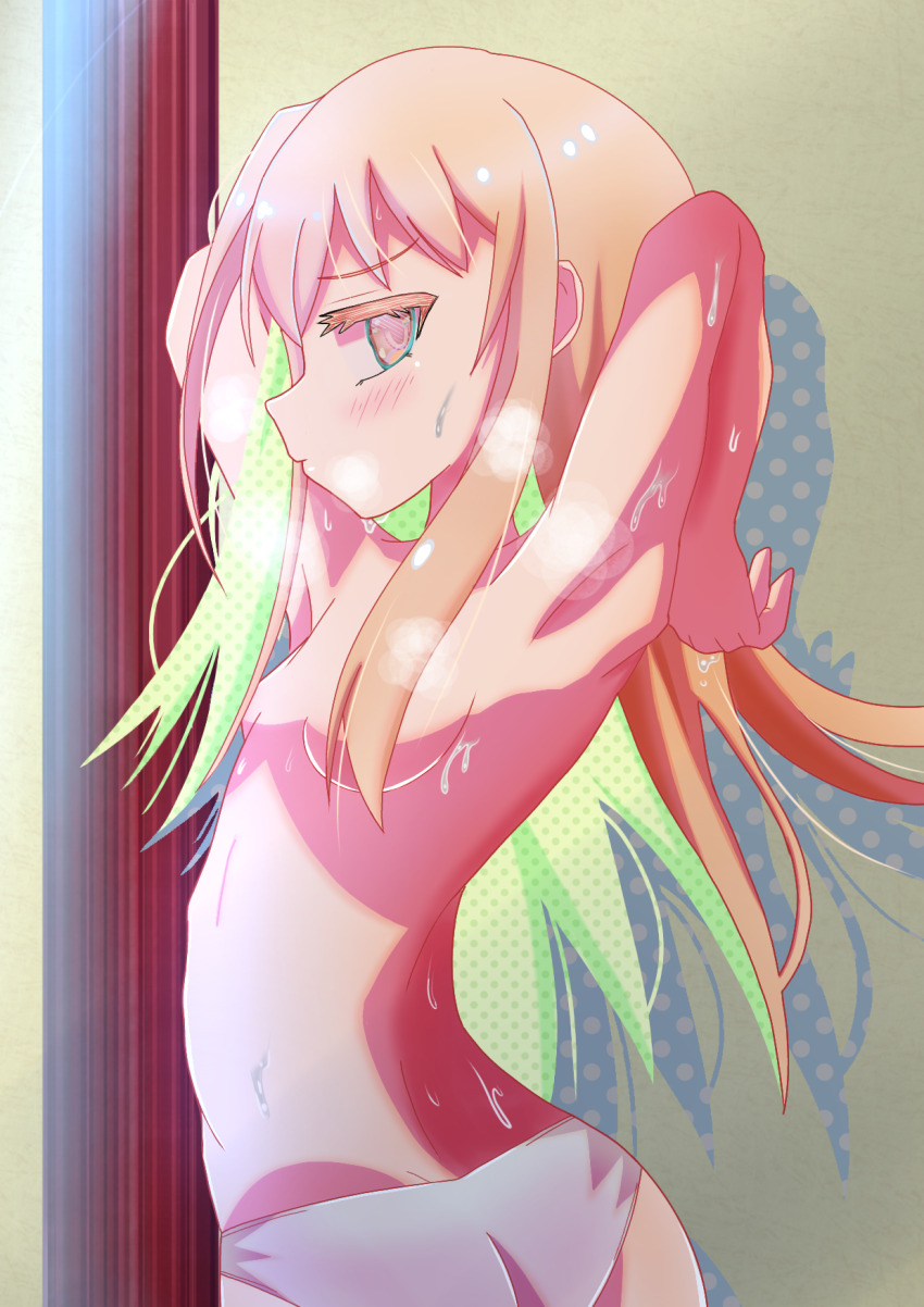 1girl armpits ass blonde_hair blush breasts closed_mouth fate/grand_order fate/kaleid_liner_prisma_illya fate_(series) flukechan highres illyasviel_von_einzbern long_hair panties profile small_breasts solo topless underwear underwear_only wet white_panties