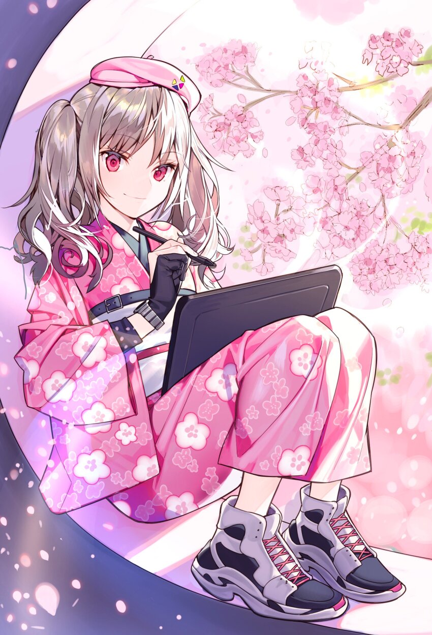 1girl absurdres belt black_belt cherry_blossoms closed_mouth falling_petals floral_print floral_print_kimono flower full_body grey_hair hat highres holding holding_pen japanese_clothes kimono kitada_mo long_hair long_sleeves looking_at_viewer original pen petals pink_hat pink_kimono plum_blossom_print plum_blossoms purple_eyes shoes sitting sneakers solo tablet_pc twintails watch wide_sleeves wristwatch