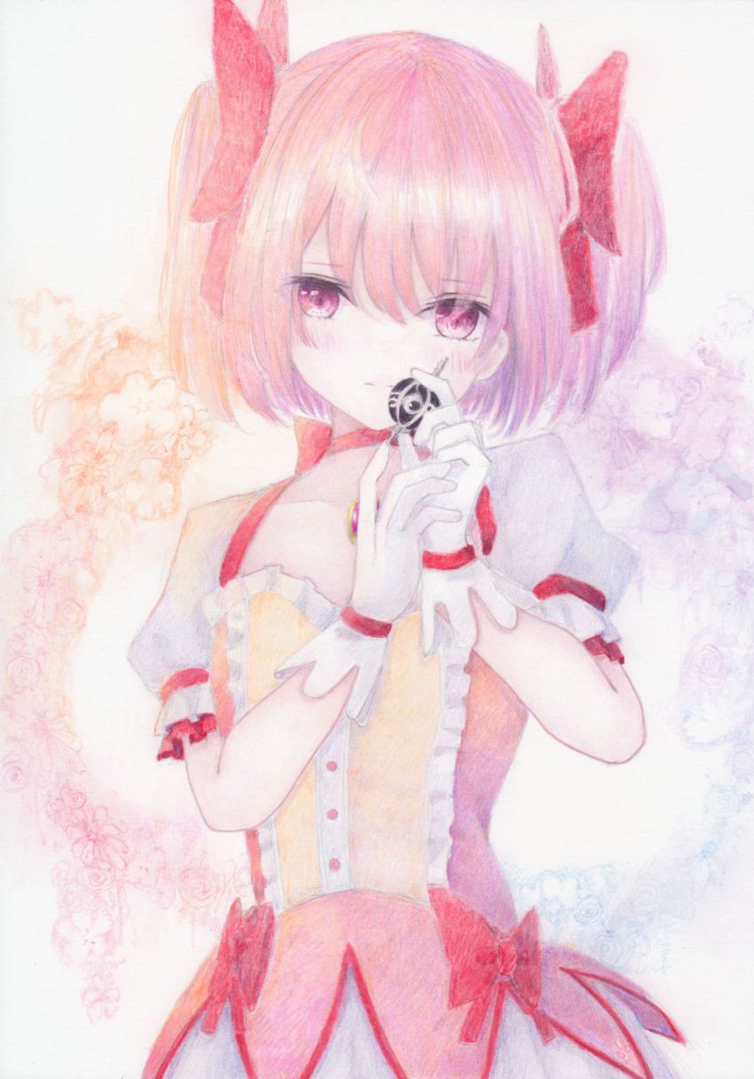 1girl blush bow bubble_skirt choker closed_mouth colored_pencil_(medium) commentary cowboy_shot darkkanan expressionless facing_viewer floral_background gloves grief_seed hair_bow hands_up highres holding kaname_madoka kaname_madoka_(magical_girl) magical_girl mahou_shoujo_madoka_magica mahou_shoujo_madoka_magica_(anime) painting_(medium) pink_eyes pink_hair puffy_short_sleeves puffy_sleeves red_bow red_ribbon ribbon ribbon_choker short_hair short_sleeves short_twintails skirt solo traditional_media twintails watercolor_(medium) white_gloves