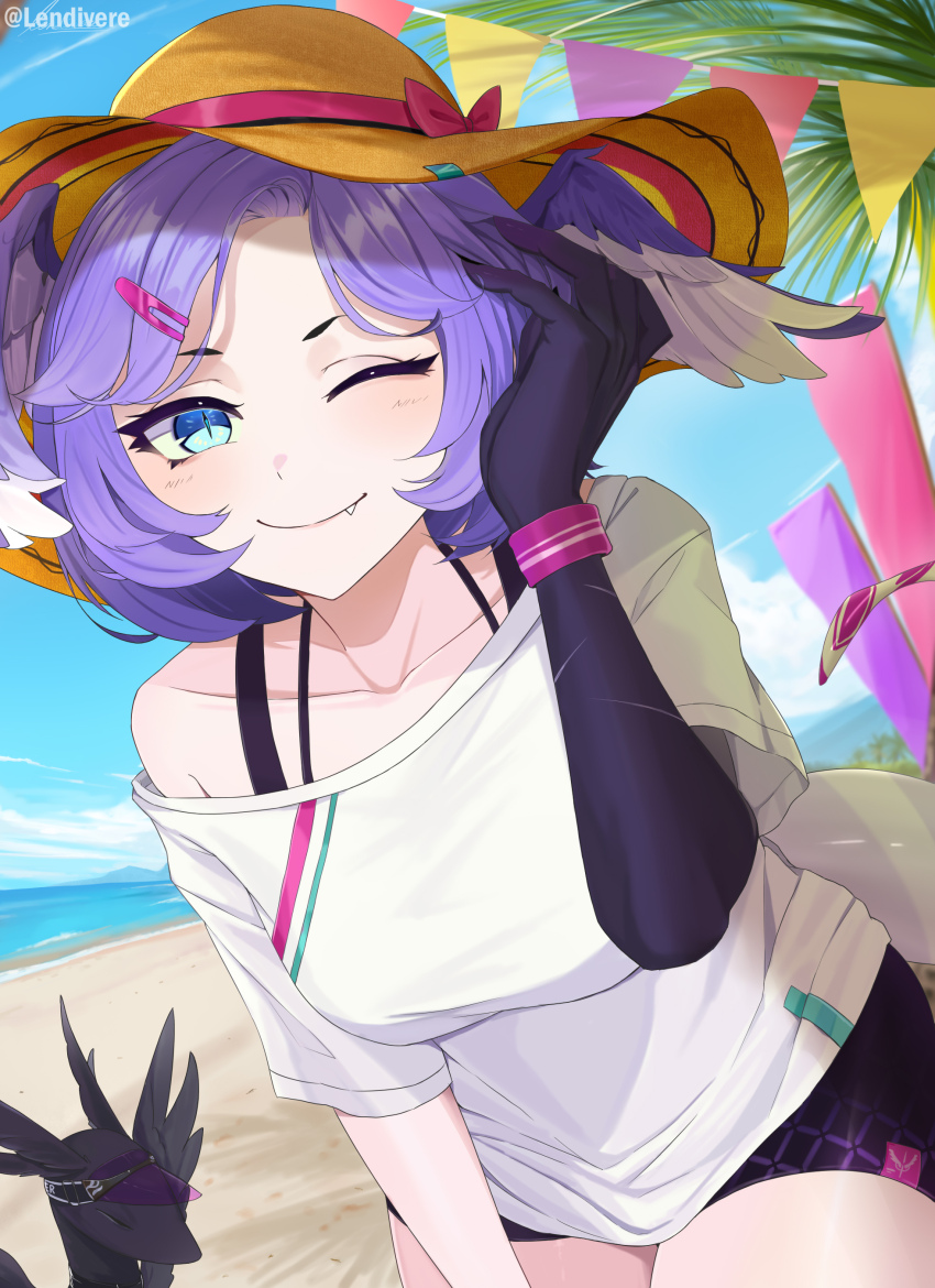 1girl absurdres beach black_shorts blue_eyes blush commentary fang hair_ornament hairclip hat head_wings highres lendivere medium_hair nijisanji nijisanji_en off-shoulder_shirt off_shoulder official_alternate_hairstyle one_eye_closed purple_hair selen_tatsuki shirt shorts smile solo sun_hat symbol-only_commentary virtual_youtuber white_shirt wings