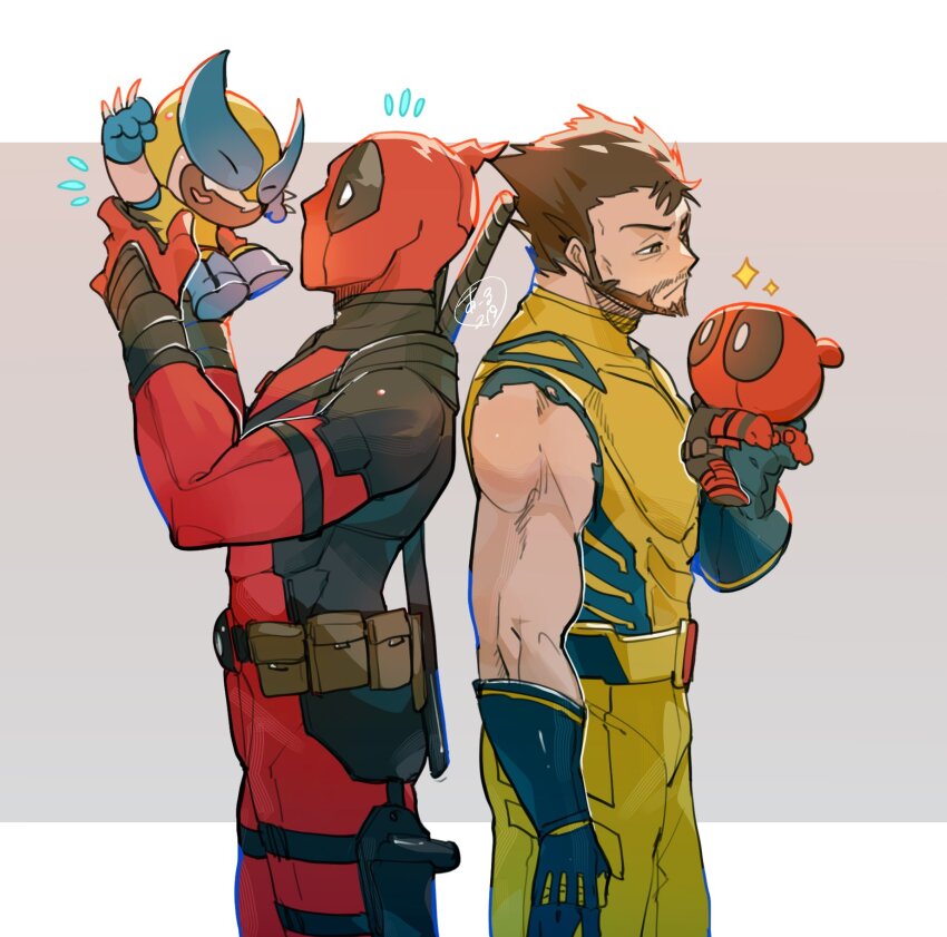 4boys animification beard bodysuit chibi cosplay deadpool deadpool_&amp;_wolverine deadpool_(cosplay) deadpool_(series) facial_hair highres katana marvel marvel_cinematic_universe mask momoi_housuke multiple_boys muscular red_bodysuit red_mask superhero_costume sword two-tone_bodysuit weapon weapon_on_back wolverine_(x-men) x-men yellow_bodysuit