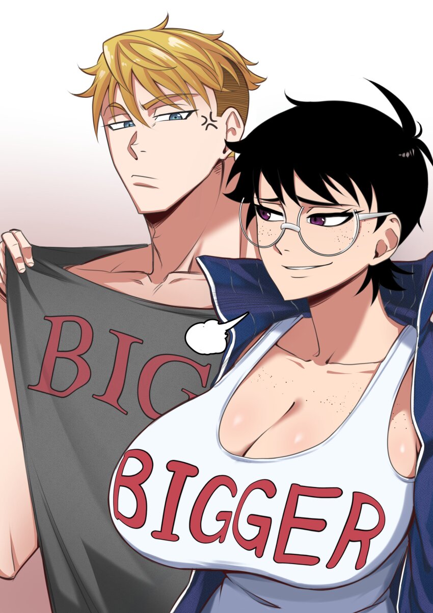 1boy 1girl absurdres angry black_hair blonde_hair blue_eyes breasts breath clothes_pull english_text freckles glasses highres huge_breasts jacket jane_(nesz) looking_at_another nesz_r open_clothes open_jacket purple_eyes shirt shirt_pull short_hair smug t-shirt