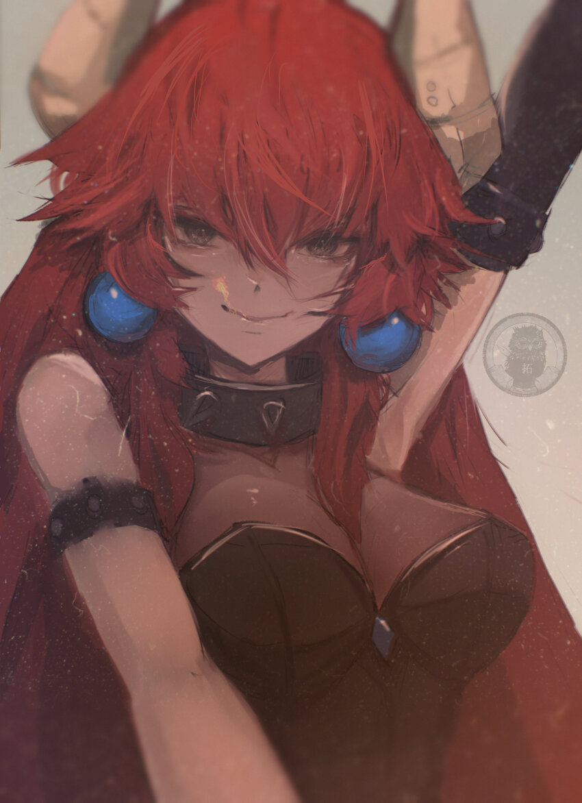 1girl absurdres arm_up black_bodysuit black_collar black_leotard bodysuit bowsette bowsette_(cosplay) collar cosplay dragon_girl dragon_horns highres horns leotard long_hair looking_at_viewer mario_(series) new_super_mario_bros._u_deluxe nintendo red_hair smile solo spiked_collar spikes taku_artworks virtual_youtuber vshojo yellow_eyes zentreya zentreya_(dragon)