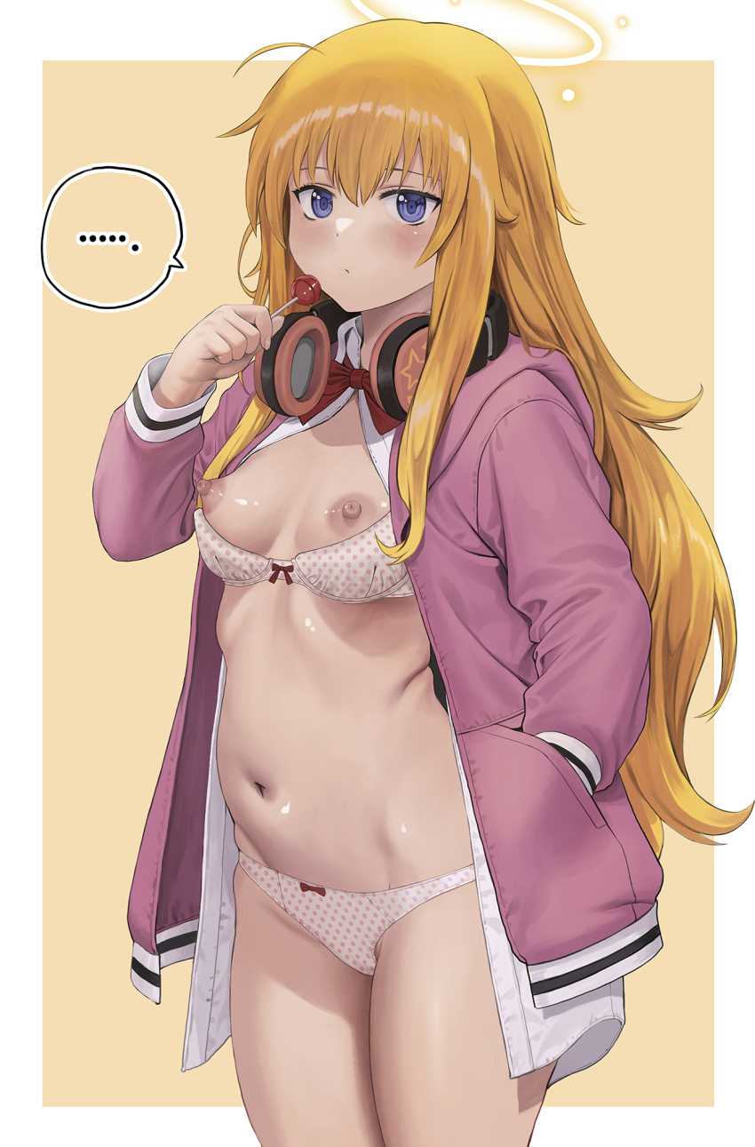 ... 1girl blonde_hair blue_eyes bra bra_pull breasts candy clothes_pull collared_shirt commentary food gabriel_dropout gabriel_tenma_white halo hand_in_pocket headphones headphones_around_neck highres holding holding_candy holding_food holding_lollipop jacket jeneral lollipop long_hair looking_at_viewer navel nipples open_clothes open_jacket open_shirt paid_reward_available panties polka_dot polka_dot_bra polka_dot_panties purple_jacket shirt simple_background small_breasts solo spoken_ellipsis underwear white_bra white_panties white_shirt