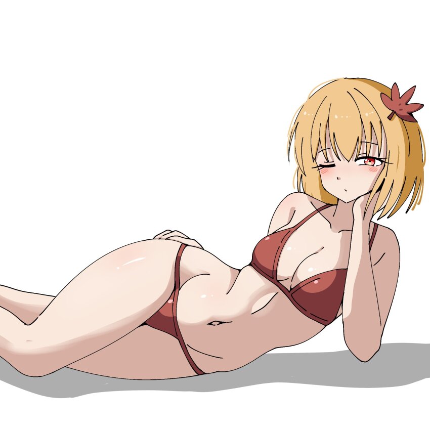 1girl aki_shizuha bikini blonde_hair breasts cleavage collarbone commentary ehehe52921343 hair_ornament highres korean_commentary leaf leaf_hair_ornament looking_at_viewer maple_leaf navel one_eye_closed orange_eyes red_bikini short_hair simple_background solo swimsuit touhou white_background