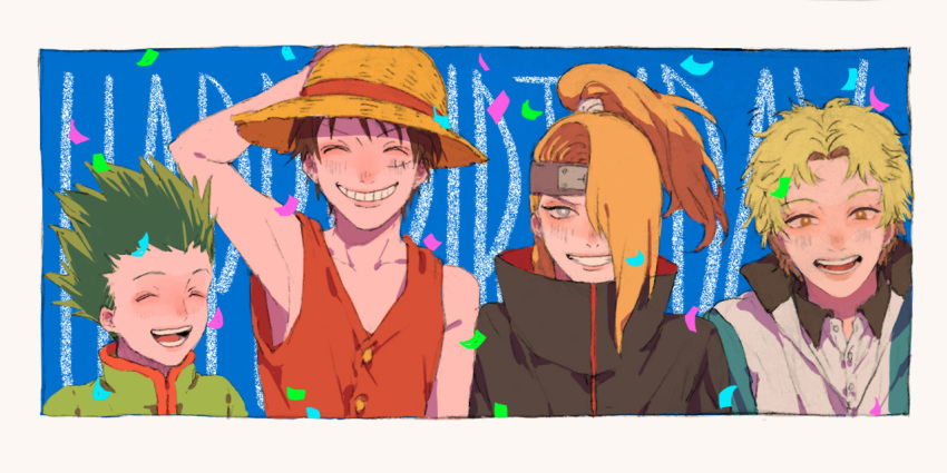 4boys akutagawa_jirou arm_behind_head armpits birthday black_hair border closed_eyes collarbone confetti crossover deidara_(naruto) forehead_protector fuku_(r-i-h-o) gon_freecss green_hair grin hair_over_one_eye hat high_ponytail hunter_x_hunter kodomo_no_hi long_hair male_focus monkey_d._luffy multiple_boys multiple_crossover naruto_(series) naruto_shippuuden one_piece open_mouth scar smile spiked_hair sun_hat tennis_no_ouji-sama trait_connection vest white_border