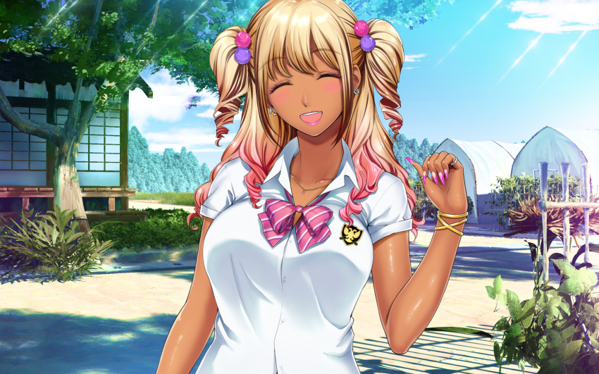 1girl blush bow bowtie breasts closed_eyes cloud collared_shirt dark-skinned_female dark_skin day diagonal-striped_neckwear ear_piercing female_focus galfure!:_gal_ni_natta_onee-chan_ga_boku_no_inaka_ni_yattekita_natsu grass gyaru hair_bobbles hair_ornament hand_up happy head_tilt highres jewelry large_breasts light_blush long_hair multicolored_hair nail_polish nose_blush open_mouth original outdoors piercing pink_nails plant ring sakagami_umi school_uniform shirt sky smile solo striped_bow striped_bowtie striped_clothes striped_neckwear sunlight tree two-tone_hair two_side_up upper_body white_shirt