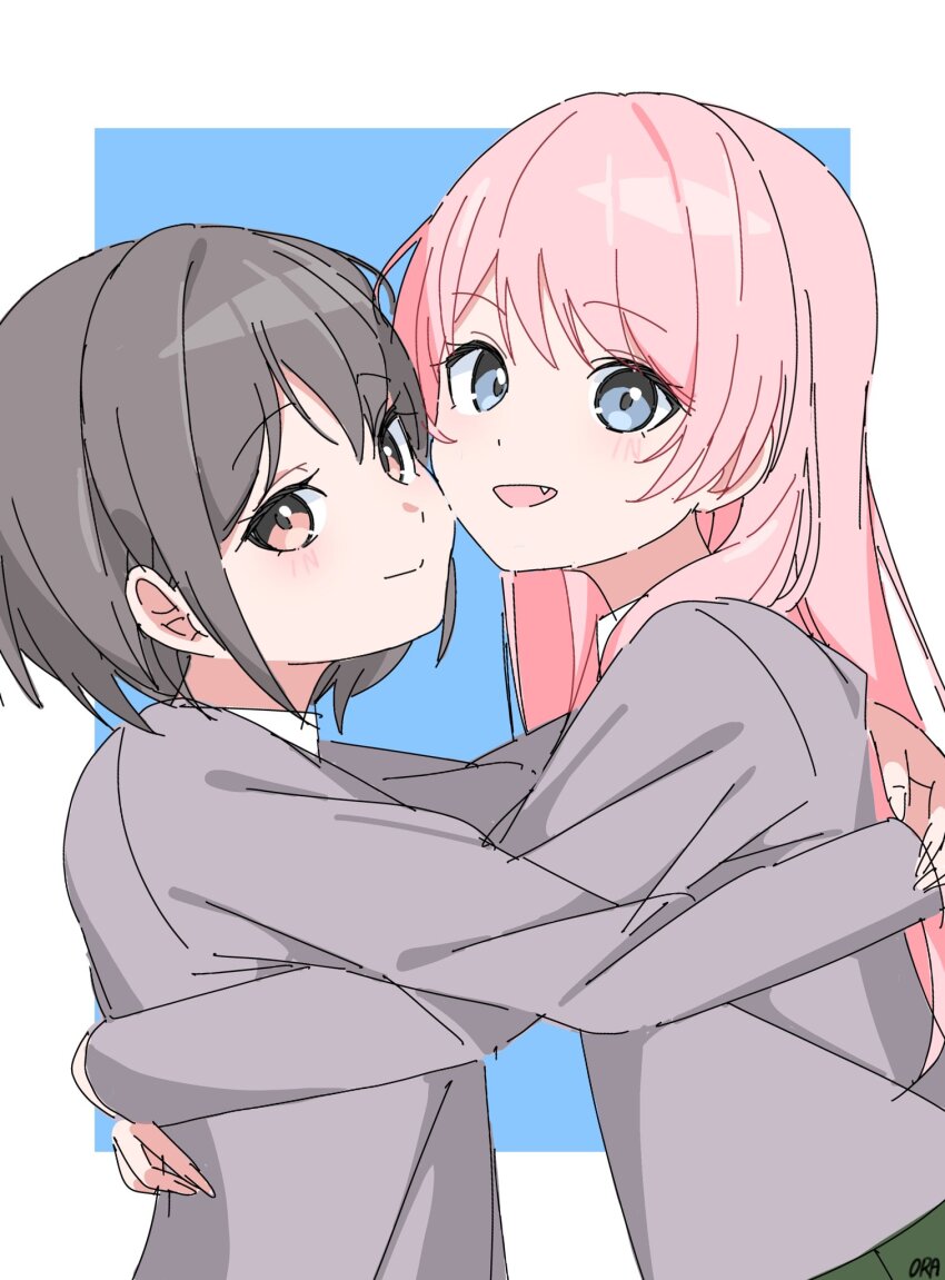 2girls artist_name bang_dream! bang_dream!_it&#039;s_mygo!!!!! blue_background blush border brown_eyes chihaya_anon closed_mouth commentary_request fang green_skirt grey_eyes grey_hair grey_jacket haneoka_school_uniform highres hug jacket long_hair long_sleeves multiple_girls open_mouth ora_(oraora_oekaki) outside_border pink_hair school_uniform short_hair skirt takamatsu_tomori upper_body white_border