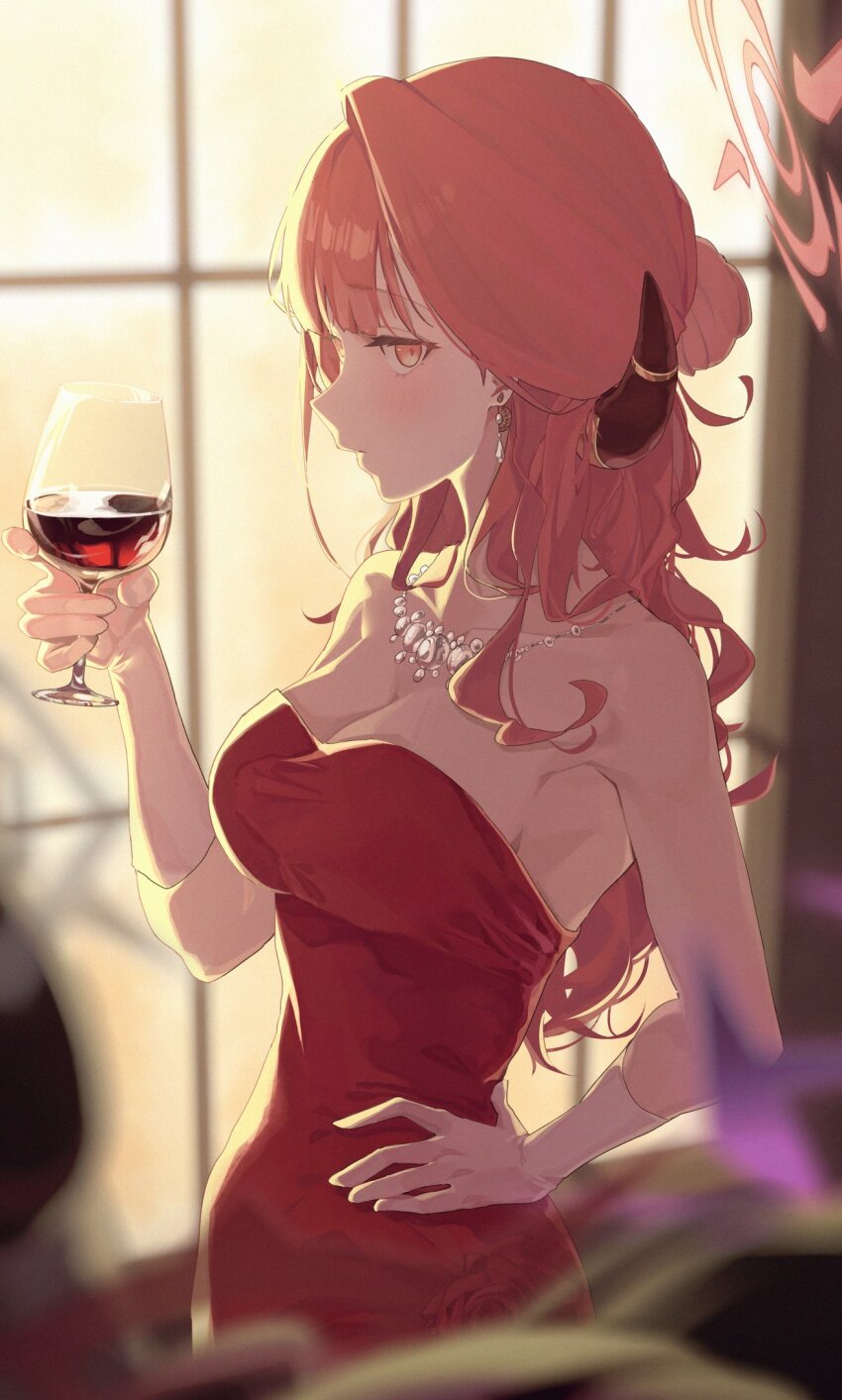 4girls alcohol aru_(blue_archive) aru_(dress)_(blue_archive) blue_archive blurry blurry_background blurry_foreground blush breasts brown_horns cameo cleavage cup demon_horns diamond_earrings diamond_necklace dress drinking_glass earrings flower glass gloves grey_halo halo hand_on_own_hip haruka_(blue_archive) hashtag-only_commentary highres hokori1207 holding holding_cup horns jewelry kayoko_(blue_archive) long_hair looking_at_viewer medium_breasts multiple_girls mutsuki_(blue_archive) official_alternate_costume out_of_frame pink_eyes pink_hair pink_halo problem_solver_68_(blue_archive) puckered_lips purple_halo red_dress red_flower red_halo red_rose rose sideways_glance solo_focus wavy_ends white_gloves window wine wine_glass