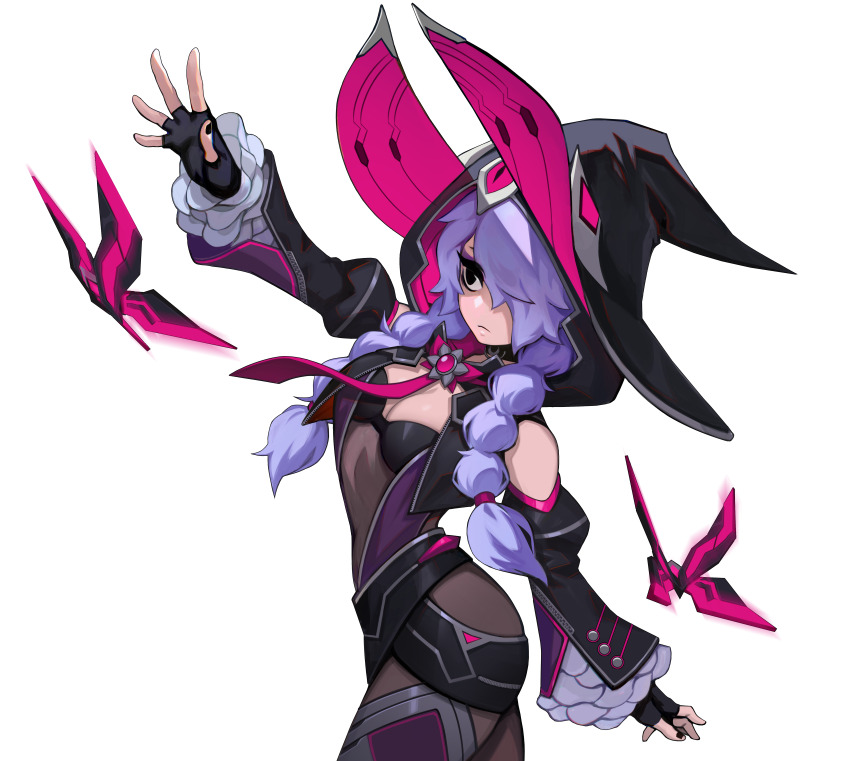 1girl absurdres artist_request black_eyes bodysuit breasts bug butterfly cleavage detached_sleeves era_(omega_strikers) expressionless fingerless_gloves gloves hat highres insect light_frown medium_breasts official_art omega_strikers purple_hair solo twintails witch_hat