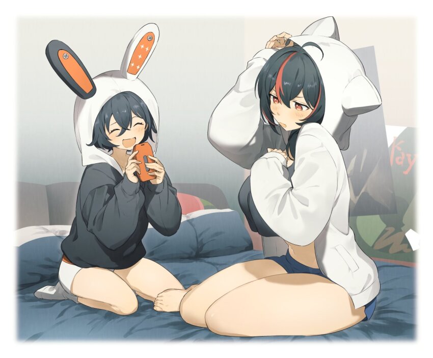 2girls alternate_costume belle_(zenless_zone_zero) black_camisole black_hair black_jacket blue_shorts blush border breasts camisole closed_eyes holding holding_phone indoors jacket large_breasts multicolored_hair multiple_girls navel on_bed phone red_hair seiza shorts sitting slice_of_life socks stomach streaked_hair thighs umeda_shiso white_border white_shorts white_socks yokozuwari zenless_zone_zero zhu_yuan