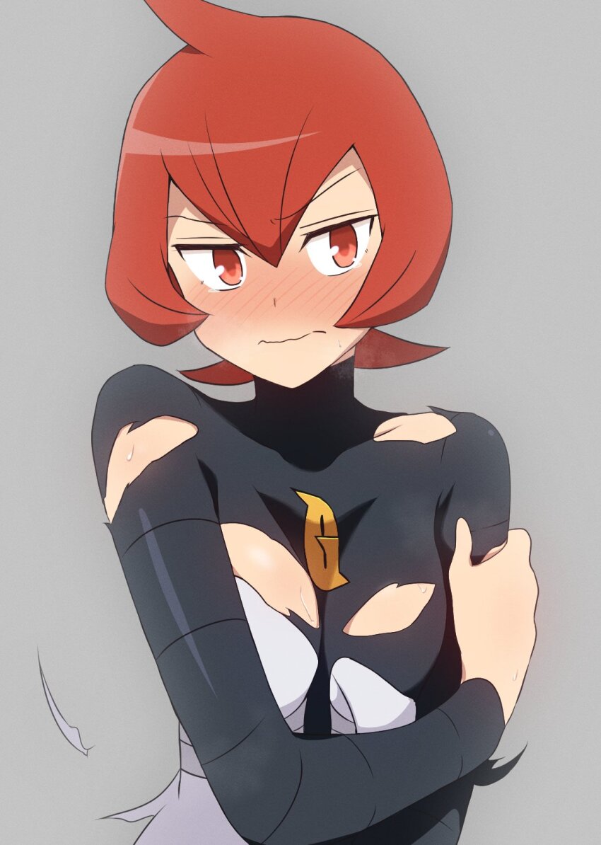 1girl black_bodysuit blush bodysuit breasts closed_mouth cowlick creatures_(company) curakuru game_freak grabbing_own_arm grey_background hair_between_eyes highres mars_(pokemon) medium_breasts nintendo pokemon pokemon_dppt red_eyes red_hair short_hair simple_background solo team_galactic team_galactic_uniform torn_bodysuit torn_clothes upper_body wavy_mouth