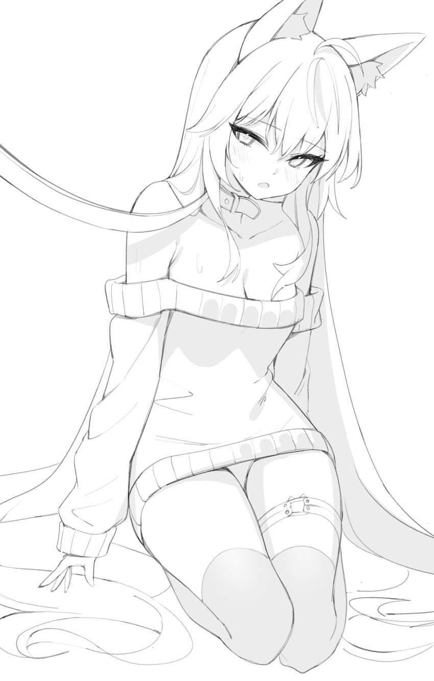 1girl absurdres ahoge animal_ears bare_shoulders breasts cleavage collar collarbone commentary_request commission dress fox_ears highres korean_commentary leash long_hair long_sleeves looking_at_viewer medium_breasts monochrome nogong off-shoulder_sweater off_shoulder open_mouth original panties pantyshot sketch solo sweat sweater sweater_dress thigh_strap thighhighs thighs underwear very_long_hair