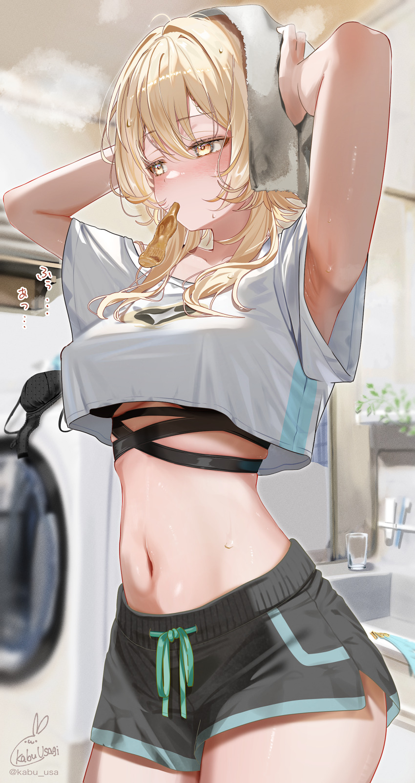 1girl absurdres alternate_costume armpit_peek armpits arms_up black_bra black_shorts blonde_hair blush bra breasts commentary_request cowboy_shot crop_top crop_top_overhang cup genshin_impact hair_between_eyes hair_intakes highres indoors kabu_usagi large_breasts looking_to_the_side lumine_(genshin_impact) midriff mouth_hold navel paid_reward_available print_shirt shirt short_hair short_hair_with_long_locks short_shorts shorts sidelocks signature solo steam stomach sweat toothbrush towel towel_on_head underwear unworn_bra washing_machine yellow_eyes