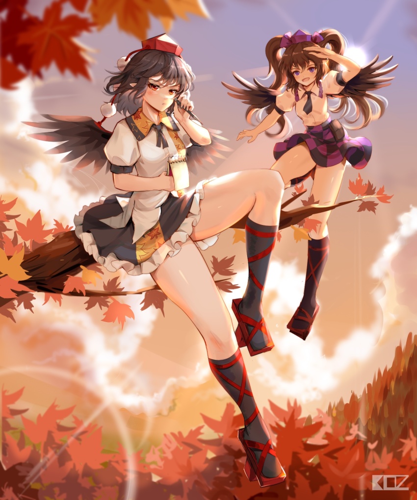 2girls autumn autumn_leaves bird_wings black_hair black_wings blue_eyes brown_hair brown_wings camera cellphone checkered_clothes checkered_skirt commentary commentary_request double_spoiler edz_drawz evening falling_leaves forest geta ginkgo_leaf hat highres himekaidou_hatate holding holding_leaf kourindou_tengu_costume leaf leaf_print maple_leaf miniskirt multiple_girls nature outdoors phone pom_pom_(clothes) purple_hat red_eyes red_hat shameimaru_aya skirt square-end_necktie sunset tengu tengu-geta tokin_hat touhou tree twintails wind wings