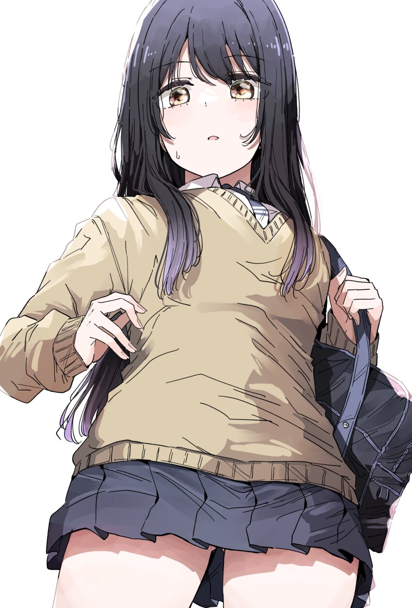 1girl bag black_hair blue_skirt brown_sweater collared_shirt cowboy_shot highres long_hair mieruko-chan nyoijizai pleated_skirt school_bag school_uniform shirt simple_background skirt small_sweatdrop solo sweater white_background yotsuya_miko