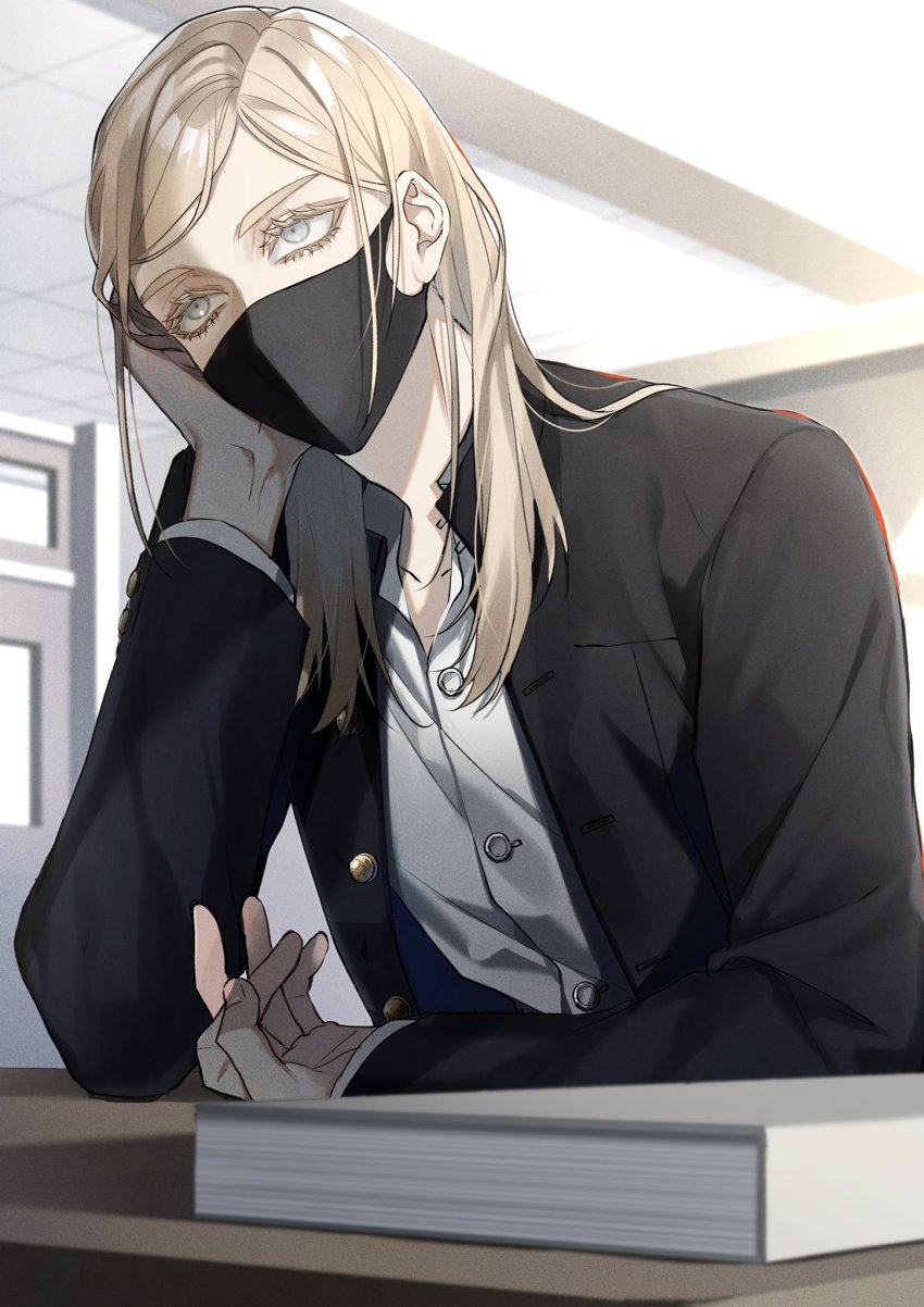 1boy black_jacket blonde_hair book covered_mouth desk gakuran grey_eyes head_rest highres indoors jacket long_hair long_sleeves looking_away male_focus mask mouth_mask ori_x_000 sanzu_haruchiyo school_uniform shirt solo tokyo_revengers upper_body white_shirt