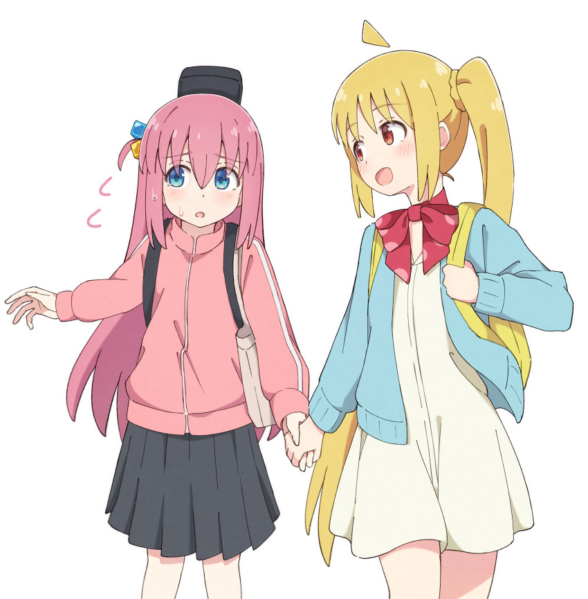 2girls :d absurdres ahoge backpack bag blonde_hair blue_eyes blue_jacket blush bocchi_the_rock! bow bow_choker casual choker commentary_request cube_hair_ornament detached_ahoge dress feet_out_of_frame gotoh_hitori grey_skirt guitar_case hair_between_eyes hair_ornament highres holding_hands ijichi_nijika instrument_case instrument_case_on_back jacket long_hair long_sleeves looking_at_another looking_to_the_side mimori_(mimori_05) multiple_girls one_side_up open_clothes open_jacket open_mouth pink_hair pink_jacket pleated_skirt polka_dot polka_dot_bow red_bow red_choker red_eyes shoulder_bag shoulder_strap side_ponytail sidelocks simple_background skirt smile sweat track_jacket very_long_hair walking white_background white_dress yellow_bag