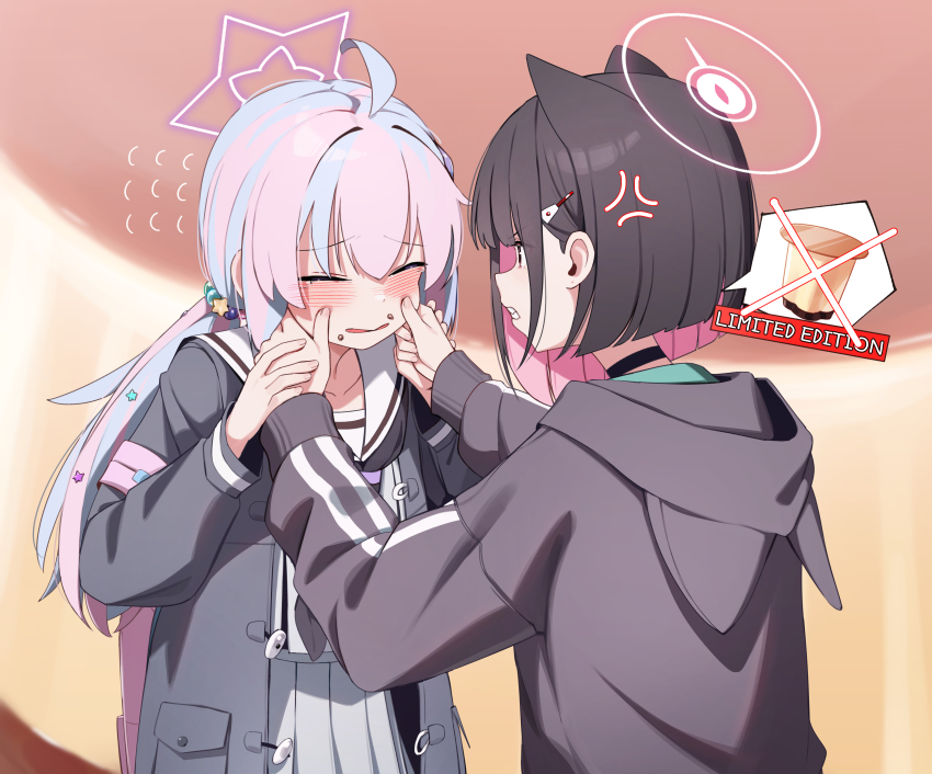 2girls absurdres ahoge anger_vein animal_ears black_choker black_hair black_jacket blue_archive blue_hair blush cat_ears cheek_pinching choker clenched_teeth closed_eyes colored_inner_hair food food_on_face grey_skirt hair_ornament hairclip halo highres hood hood_down hooded_jacket jacket kazusa_(blue_archive) long_hair long_sleeves looking_at_another multicolored_hair multiple_girls open_mouth pinching pink_hair pink_halo reisa_(blue_archive) short_hair skirt star_halo teeth whonyang