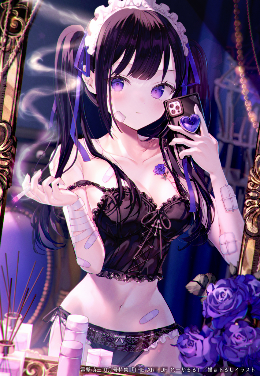 1girl babydoll bandaged_arm bandages bandaid bandaid_on_arm bandaid_on_face black_babydoll black_hair black_panties breasts cellphone cigarette cleavage closed_mouth dengeki_moeoh flower flower_tattoo hair_ribbon highres holding holding_cigarette holding_phone kappe_reeka long_hair maid maid_headdress medium_breasts navel official_art original panties phone purple_eyes purple_flower purple_ribbon purple_rose ribbon rose solo tattoo twintails underwear white_headdress