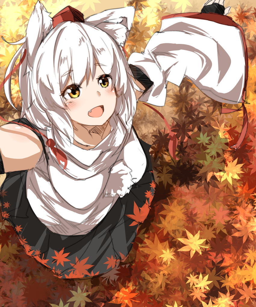 1girl :d absurdres animal_ear_fluff animal_ears autumn_leaves black_gloves black_skirt blush commentary_request detached_sleeves elbow_gloves fang fingerless_gloves from_above full_body gloves hat highres houkai_(collapse_illust) inubashiri_momiji leaf leaf_pile leaf_print looking_up maple_leaf maple_leaf_print open_mouth outstretched_arms pom_pom_(clothes) print_skirt red_hat shirt short_hair skirt sleeveless sleeveless_shirt smile solo spread_arms tokin_hat touhou turtleneck turtleneck_shirt white_hair white_shirt white_sleeves wolf_ears wolf_girl yellow_eyes