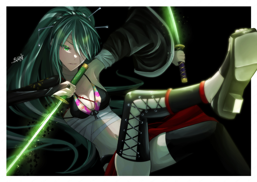 1girl absurdres bandage_over_one_eye bandaged_torso bikini border breasts cleavage clothing_request colored_eyelashes commentary_request dual_wielding floating_clothes front-tie_bikini_top front-tie_top glowing glowing_weapon green_eyes green_hair hair_ornament hairpin hatsune_miku highres holding holding_sword holding_weapon katana knife_(vocaloid) kuroageha_(kurorororo_03) leg_up long_hair medium_breasts midriff moonlight_butterfly_(module) multiple_hairpins navel one_eye_covered ponytail project_diva_(series) sitting solo swimsuit sword thighhighs very_long_hair vocaloid weapon white_border