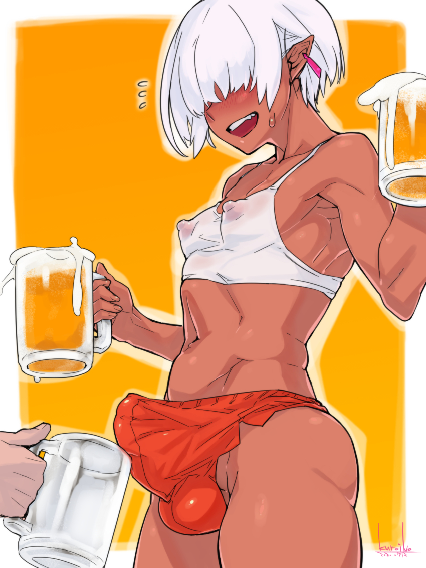 1boy alcohol bad_id bad_pixiv_id beer beer_mug blush bulge cup dark-skinned_male dark_elf dark_skin elf erection erection_under_clothes flying_sweatdrops hair_over_eyes highres kuroino_(0kuro8ino6) male_focus midriff mug navel nipples open_mouth original pectorals pointy_ears see-through_clothes shirt smile solo_focus sweatdrop tank_top trap white_shirt