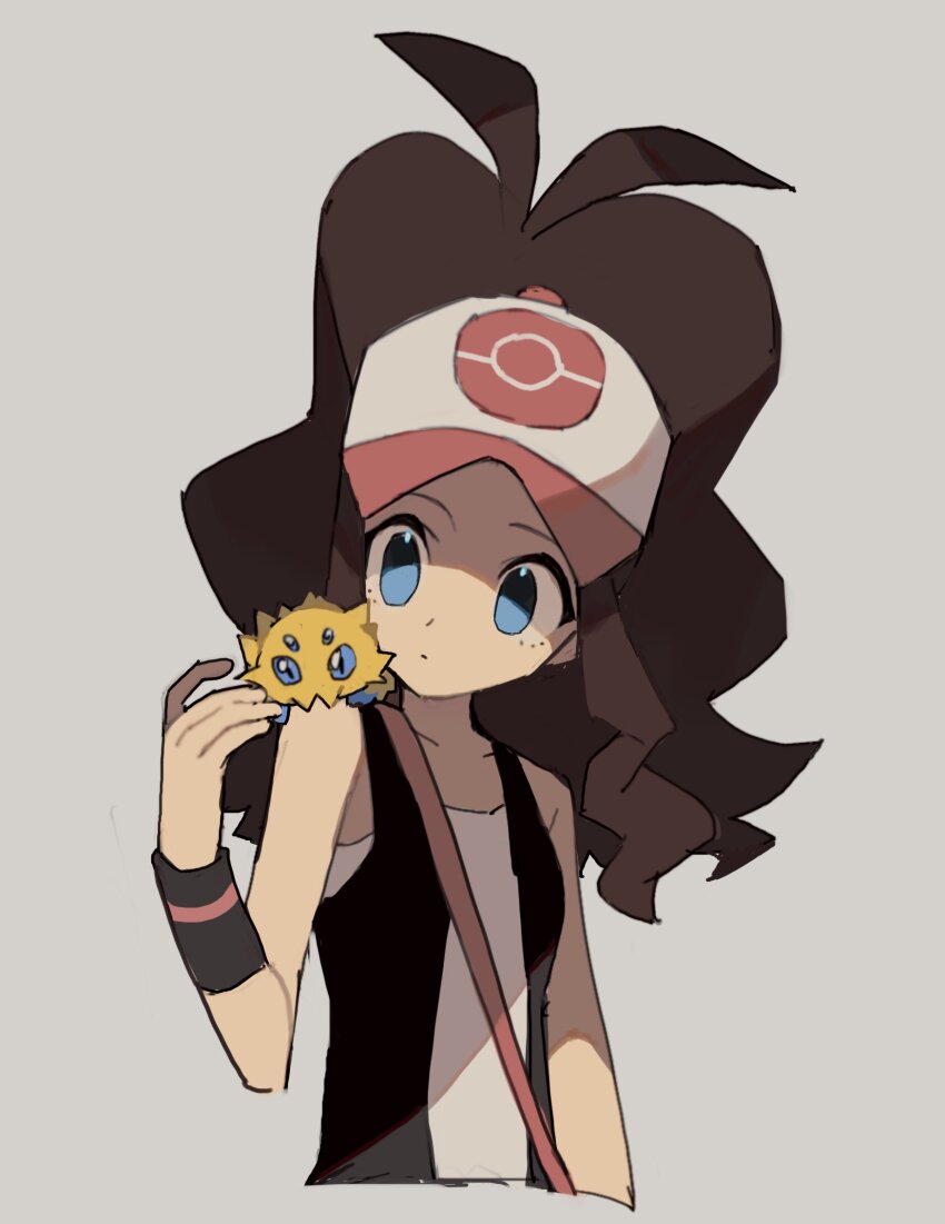 1girl 950magi618 baseball_cap black_vest black_wristband blue_eyes blue_sclera brown_hair closed_mouth colored_sclera creatures_(company) cropped_arm dot_mouth expressionless extra_eyes fluffy game_freak gen_5_pokemon grey_background hand_up hat high_ponytail highres hilda_(pokemon) joltik long_hair looking_at_another nintendo on_shoulder open_clothes open_vest poke_ball_print pokemon pokemon_(creature) pokemon_bw pokemon_on_shoulder ponytail tank_top vest white_tank_top yellow_fur