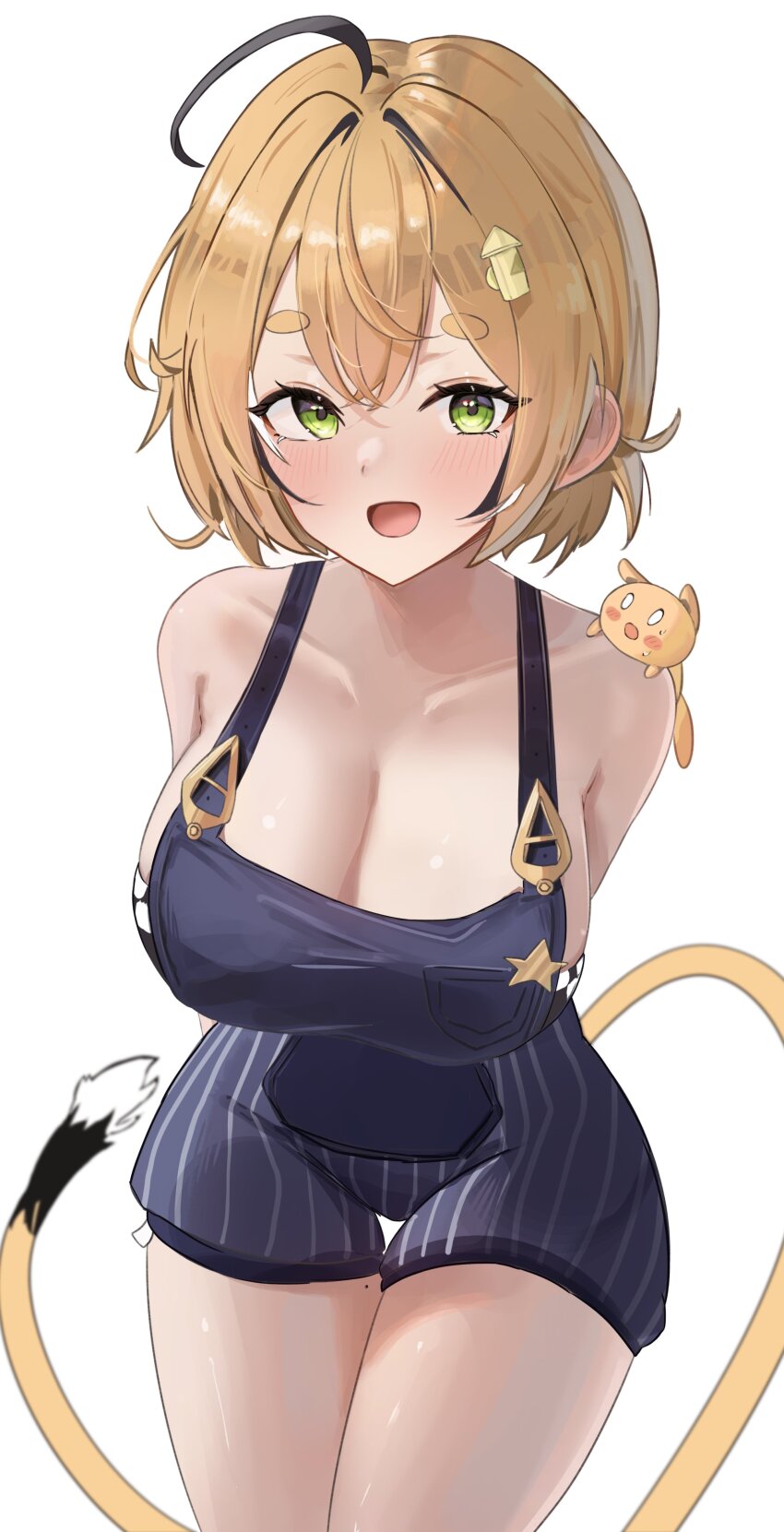 1girl absurdres ahoge animal animal_on_shoulder bare_shoulders black_hair blonde_hair blue_overalls breasts cleavage collarbone dooby_(vtuber) hair_between_eyes hair_intakes highres indie_virtual_youtuber jesh_art large_breasts mole mole_on_thigh mouse_girl mouse_tail multicolored_hair open_mouth overalls short_eyebrows short_hair simple_background smile solo strapless streaked_hair tail thick_eyebrows tube_top virtual_youtuber white_background