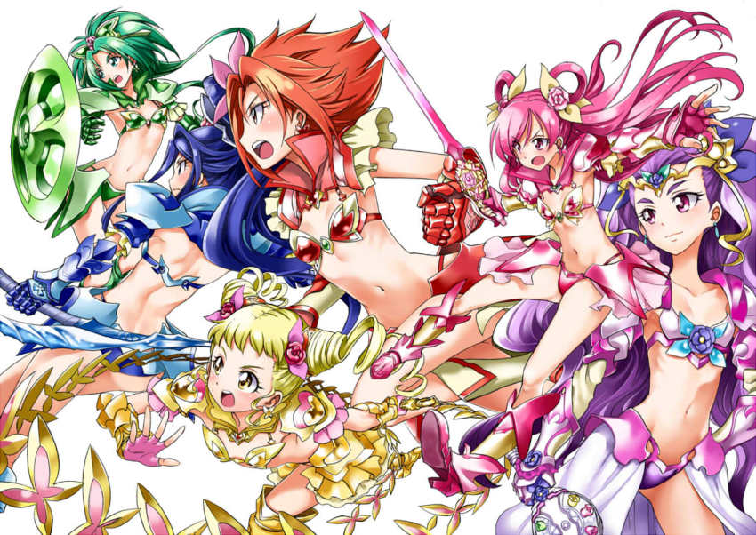 00s 6+girls adapted_costume akimoto_komachi armor bare_back bikini_armor blonde_hair blue_eyes blue_hair blush bow bow_(weapon) butterfly_hair_ornament clenched_hand collarbone cone_hair_bun cure_aqua cure_dream cure_lemonade cure_mint cure_rouge downblouse drill_hair earrings eyelashes fingerless_gloves gauntlets gem gloves green_eyes green_gemstone green_hair hair_bun hair_ornament hair_rings happy jewelry kasugano_urara_(yes!_precure_5) kurose_kousuke long_hair magical_girl midriff milk_(yes!_precure_5) milky_rose mimino_kurumi minazuki_karen multiple_girls natsuki_rin navel open_mouth pink_eyes pink_hair ponytail precure purple_hair red_eyes red_hair ribbon shield short_hair shoulder_pads simple_background smile spiked_hair stomach sword tiara twin_drills twintails wavy_hair weapon white_background yellow_eyes yes!_precure_5 yes!_precure_5_gogo! yumehara_nozomi