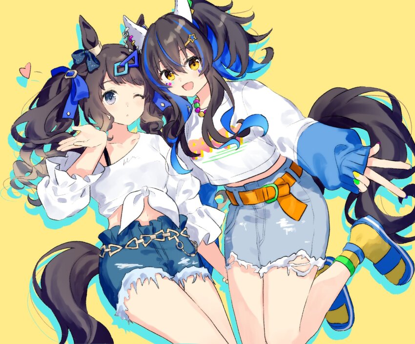 2girls animal_ears belt black_hair blush breasts brown_hair casual collarbone commentary_request daitaku_helios_(umamusume) fingernails hair_between_eyes hair_ornament highres horse_ears horse_girl horse_tail jewelry long_hair looking_at_viewer migolu multicolored_hair multiple_girls necklace one_eye_closed open_mouth shorts tail tosen_jordan_(umamusume) twintails two-tone_hair umamusume yellow_eyes