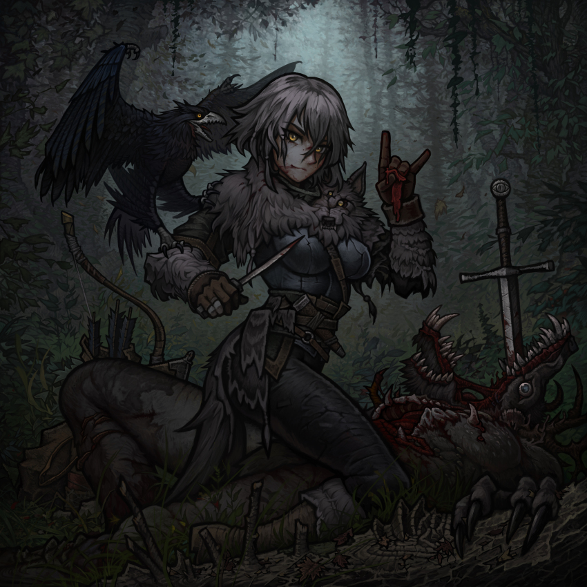 1girl absurdres arrow_(projectile) bird blood bow_(weapon) brown_gloves commission corpse crow dagger fantasy fingerless_gloves forest fur_trim gloves grey_hair highres holding holding_dagger holding_knife holding_weapon impossible_clothes kneeling knife leather monster nature original partially_fingerless_gloves planted planted_sword planted_weapon quiver short_hair single_fingerless_glove solo soulless_sketch sword weapon werewolf yellow_eyes