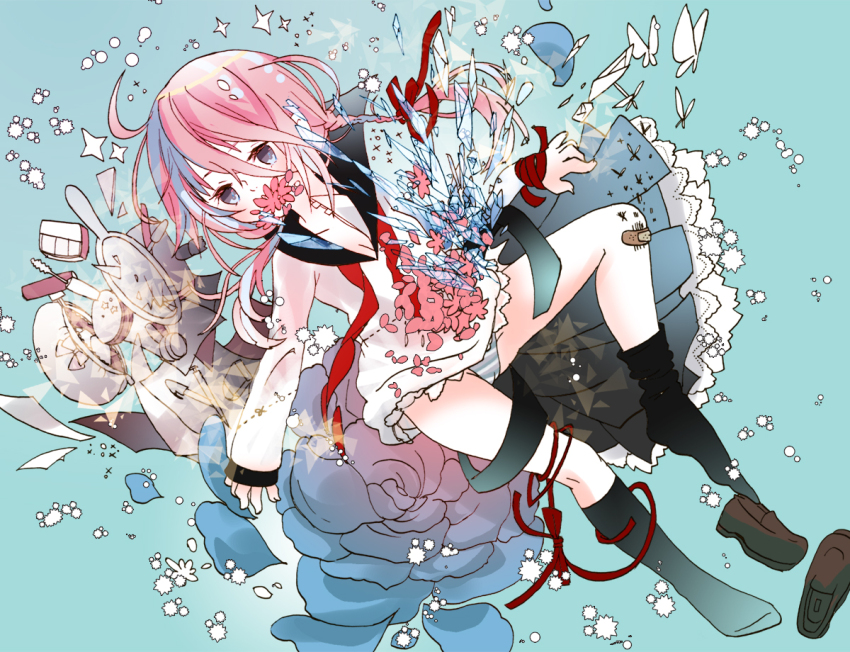 1girl aqua_background aqua_panties blue_eyes blue_flower blue_rose braid bug butterfly cameltoe empty_eyes floating flower from_above full_body glass_shards hand_mirror insect kneehighs loafers long_sleeves mirror miza-sore original oversized_flower panties pantyshot partially_undressed pink_hair rose sailor_collar school_uniform shattered shoes socks solo striped_clothes striped_panties twin_braids underwear unworn_shoes