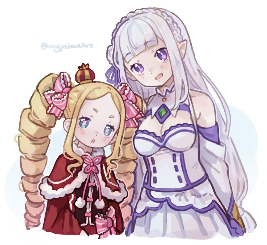 2girls :o bare_shoulders beatrice_(re:zero) blonde_hair blue_eyes blunt_bangs bow braid breasts butterfly-shaped_pupils capelet chest_jewel cleavage commentary_request cropped_torso crown crown_braid detached_sleeves dress dress_bow drill_hair elf emilia_(re:zero) fur-trimmed_capelet fur_trim gem green_gemstone hair_ribbon highres kingjoshua light_blush long_hair looking_at_viewer low-tied_long_hair medium_breasts mini_crown multiple_girls neck_ribbon open_mouth parted_bangs pink_bow pink_pupils pink_ribbon pleated_skirt pointy_ears purple_eyes purple_ribbon re:zero_kara_hajimeru_isekai_seikatsu red_capelet red_dress ribbon sidelocks skirt smile symbol-shaped_pupils twin_drills twitter_username very_long_hair white_background white_dress white_hair white_skirt