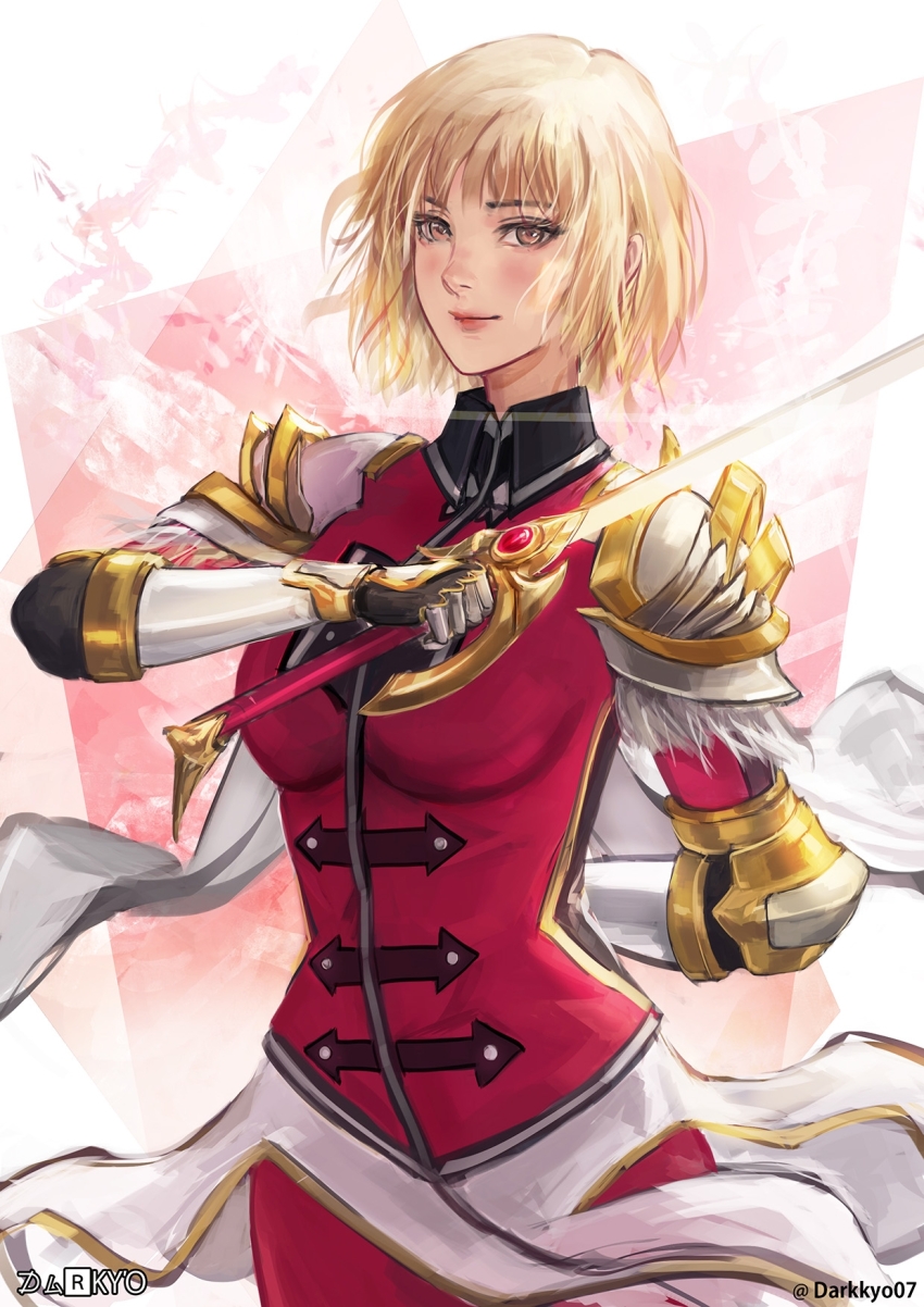 1girl arm_behind_back armor blonde_hair blush breasts brown_eyes cape cha_hae-in closed_mouth darkyo07 gauntlets highres holding holding_sword holding_weapon jacket large_breasts lipstick looking_at_viewer makeup pauldrons red_jacket reflection short_hair shoulder_armor signature smile solo solo_leveling sword upper_body weapon white_cape