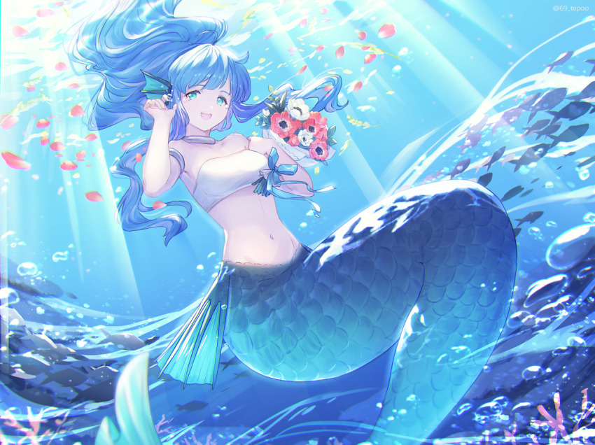 1girl artist_request bad_id bad_pixiv_id blue_eyes blue_hair blue_ribbon fins fish flower groin happy head_fins kneeless_mermaid long_hair mermaid midriff monster_girl navel open_mouth ponytail puyopuyo ribbon serilly_(puyopuyo) sitting solo stomach strapless tube_top underwater very_long_hair wavy_hair white_tube_top