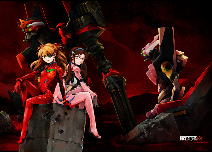 10s 2girls back-to-back bodysuit brown_hair eva_02 eva_08 evangelion:_3.0_you_can_(not)_redo eyepatch hairband hironox long_hair makinami_mari_illustrious mecha mecha_pilot_suit multiple_girls neon_genesis_evangelion plugsuit rebuild_of_evangelion robot souryuu_asuka_langley