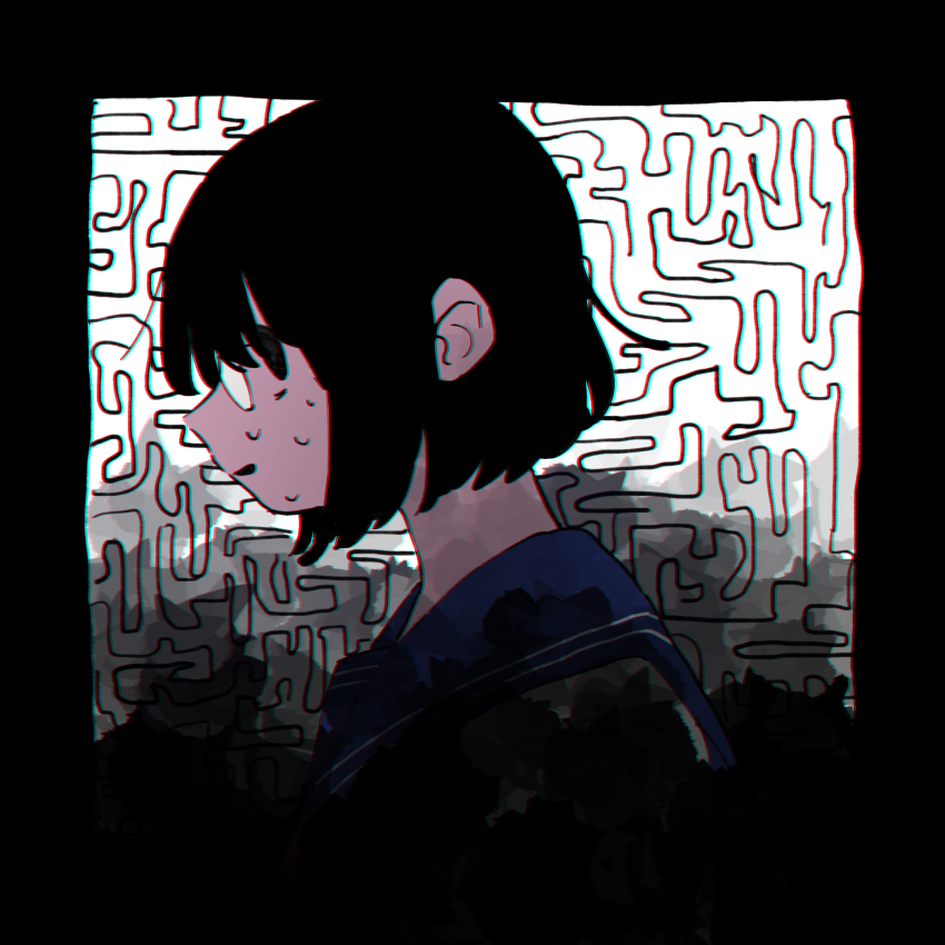 1girl abstract_background black_border black_eyes black_hair blue_sailor_collar bob_cut border chromatic_aberration commentary english_commentary from_side glasses highres mamei_mema maze original parted_lips profile sailor_collar sailor_shirt school_uniform serafuku shirt short_hair solo sweat upper_body