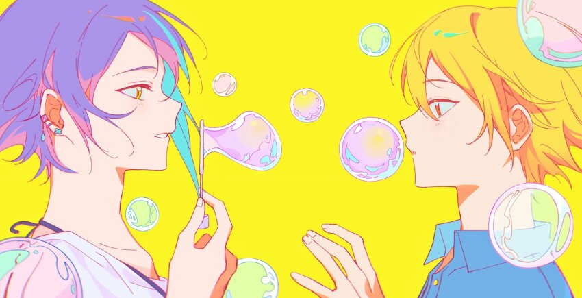 2boys blonde_hair blowing_bubbles blue_shirt bubble collared_shirt ear_piercing earrings gag1tdiucvpteok hair_behind_ear hair_between_eyes hand_up highres holding jewelry kamishiro_rui light_blush looking_at_another male_focus multicolored_hair multiple_boys multiple_earrings open_mouth piercing profile project_sekai purple_hair shirt streaked_hair t-shirt tenma_tsukasa upper_body white_shirt yellow_background yellow_eyes