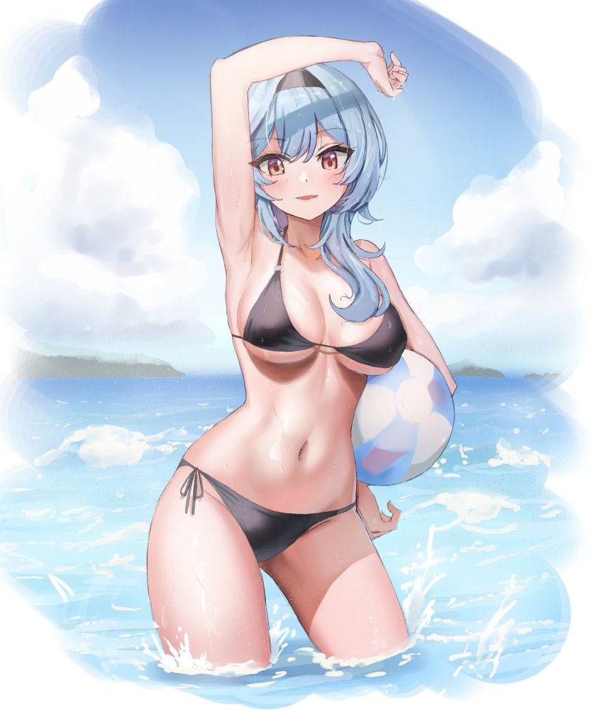 1girl absurdres arm_over_head arm_up armpits ball bare_arms bare_shoulders beachball bikini black_bikini black_hairband blue_hair blush breasts brown_eyes chirang commentary cowboy_shot eula_(genshin_impact) genshin_impact hairband halterneck hand_on_own_hip highres large_breasts long_hair looking_at_viewer navel ocean parted_lips side-tie_bikini_bottom solo standing stomach string_bikini swimsuit wading water wet