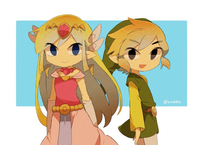 1boy 1girl artist_name back belt blonde_hair blue_eyes blush dress floating_hair gloves jewelry link long_hair looking_at_viewer multicolored_hair necklace nintendo pink_dress pointy_ears princess_zelda the_legend_of_zelda the_legend_of_zelda:_spirit_tracks the_legend_of_zelda:_the_wind_waker tiara tokuura toon_link toon_zelda