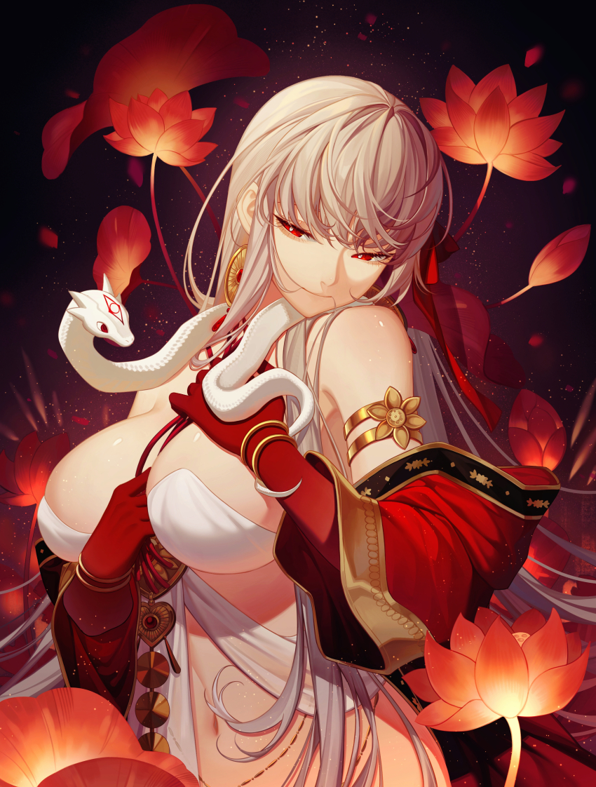 1girl absurdres armlet bare_shoulders bracelet breasts cleavage colored_skin durga_(fate) earrings erchongbaojun fate/grand_order fate_(series) grey_hair hair_in_own_mouth hair_ribbon highres indian_clothes jewelry large_breasts long_hair lotus_print pelvic_curtain red_eyes red_skin revealing_clothes revision ribbon snake solo white_snake