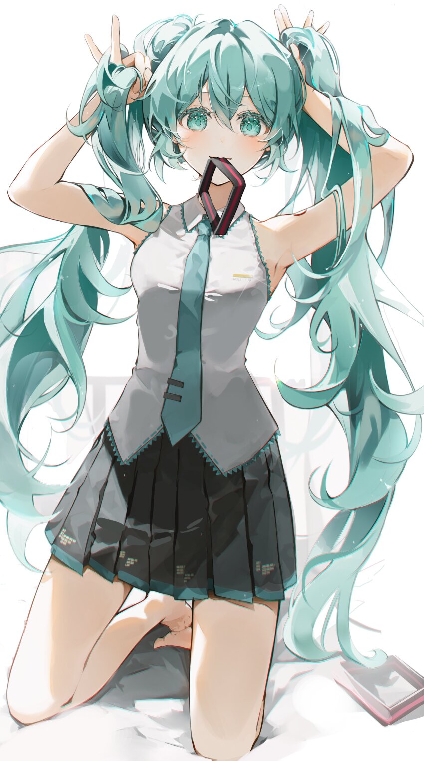 1girl absurdres aqua_eyes aqua_hair armpits arms_up backlighting bare_arms bare_legs barefoot bed black_skirt breasts closed_mouth collared_shirt colored_eyelashes curtains dot_nose dress_shirt eyelashes feet full_body glint grey_shirt hair_between_eyes hair_ornament hair_over_shoulder hatsune_miku highres holding holding_own_hair kneeling knees_apart_feet_together light_blush light_particles light_smile long_hair looking_at_viewer medium_breasts mouth_hold myanya necktie on_bed pleated_skirt shirt shoulder_tattoo sidelocks simple_background skirt sleeveless sleeveless_shirt solo tareme tattoo tie_clip twintails unworn_hair_ornament very_long_hair vocaloid wavy_hair white_background window