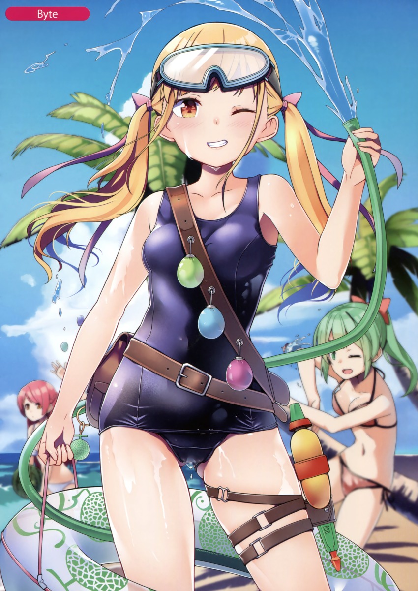 3girls ;) ;d absurdres arm_up artist_name beach between_breasts bikini blonde_hair blue_one-piece_swimsuit blue_sky breasts brown_eyes byte_(allbyte) cloud cloudy_sky collarbone contrapposto covered_navel cowboy_shot day gluteal_fold goggles goggles_on_head green_hair grin hand_up highres hose innertube long_hair looking_at_viewer medium_breasts melonbooks multiple_girls one-piece_swimsuit one_eye_closed open_mouth original outdoors parted_lips pink_hair ponytail red_bikini school_uniform serafuku short_sleeves side-tie_bikini_bottom sidelocks sky smile solo_focus standing strap_between_breasts swim_ring swimsuit swimsuit_under_clothes thigh_strap thighs twintails water_balloon water_gun