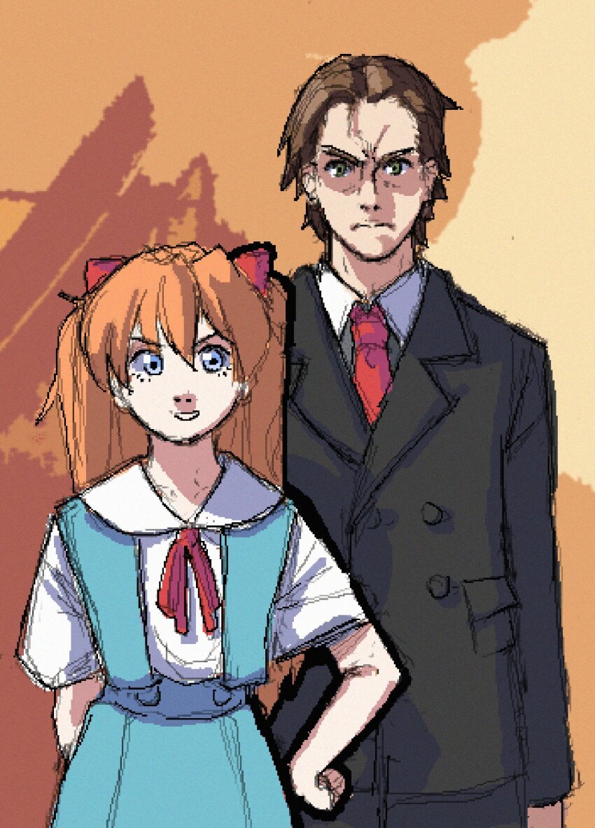 1boy 1girl american_psycho blue_eyes brown_hair chellkab crossover formal green_eyes hair_between_eyes highres necktie neon_genesis_evangelion orange_background orange_hair patrick_bateman rebuild_of_evangelion school_uniform size_difference souryuu_asuka_langley standing tokyo-3_middle_school_uniform