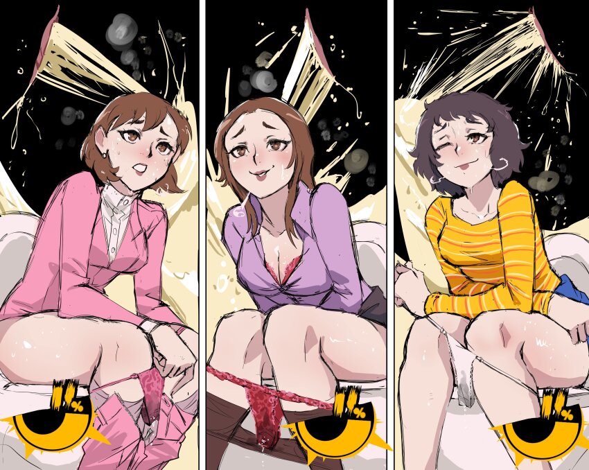 3girls 3koma atlus biku black_hair black_skirt blue_skirt bra bra_peek breasts brown_eyes brown_hair cleavage clothes_lift clothes_pull comic female_focus kashiwagi_noriko kawakami_sadayo long_sleeves multiple_girls one_eye_closed open_fly panties pants pants_pull panty_pull pantyhose pantyhose_pull pee peeing persona persona_3 persona_3_reload persona_4 persona_5 pink_panties pink_pants red_bra red_panties relief relieved sadayo_kawakami shirt short_hair skirt skirt_lift stained_panties striped_clothes striped_shirt sweat teacher toilet_use toriumi_isako underwear urine_meter wet wet_clothes wet_clothing wet_panties wet_pantyhose white_panties