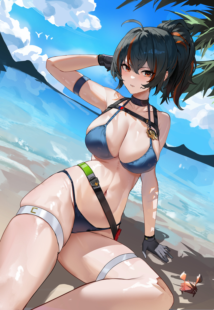 1girl absurdres arm_strap arm_support arm_up beach bikini black_bikini black_choker black_gloves black_hair blue_bikini blue_sky blush breasts choker commentary cowboy_shot day dutch_angle gloves highres holster horizon large_breasts looking_at_viewer maanu mismatched_bikini multicolored_hair navel ocean police_badge ponytail red_eyes shoulder_holster sitting skindentation sky solo stomach streaked_hair swimsuit thigh_strap yokozuwari zenless_zone_zero zhu_yuan