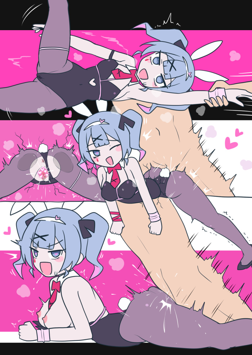 1boy 1girl animal_ears black_pantyhose blue_eyes blue_hair blunt_bangs breasts channel_(_caststation)_(style) detached_collar hatsune_miku heart heart-shaped_pupils hetero highres large_breasts leotard long_hair lying necktie on_stomach pantyhose pink_background playboy_bunny prone_bone rabbit_ears rabbit_hole_(vocaloid) rabbit_tail sex sex_from_behind simple_background symbol-shaped_pupils tail twintails white_background yunshih