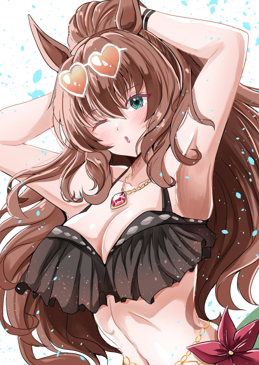 1girl absurdres animal_ears aqua_eyes arms_up belly_chain bikini black_bikini bracelet breasts brown_hair commentary_request eyewear_on_head hair_between_eyes heart heart-shaped_eyewear highres horse_ears horse_girl horse_tail jewelry kentan_(kingtaiki) long_hair maruzensky_(blasting_off_summer_night)_(umamusume) maruzensky_(umamusume) medium_breasts navel official_alternate_costume one_eye_closed open_mouth simple_background smile solo sunglasses swimsuit tail teeth tinted_eyewear umamusume upper_body upper_teeth_only very_long_hair white-framed_eyewear white_background yellow-tinted_eyewear